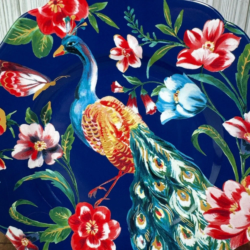 Pier 1 Imports Peacock Porcelain Salad Plate Cobalt Blue Floral Scalloped 8.5